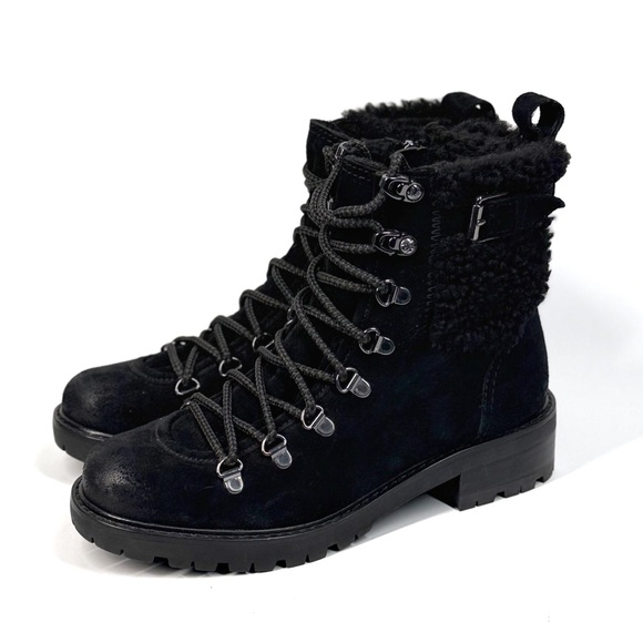 New SAM EDELMAN Tenlee Shearling Leather Lace Up Hiking Boots Black 7 - Picture 4 of 8